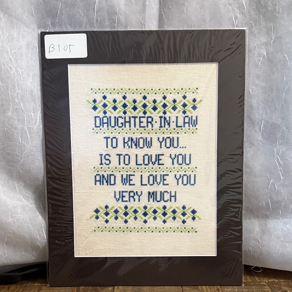 Framed Cross-Stitch Art Daughter In Law with Blue and Green Accents
